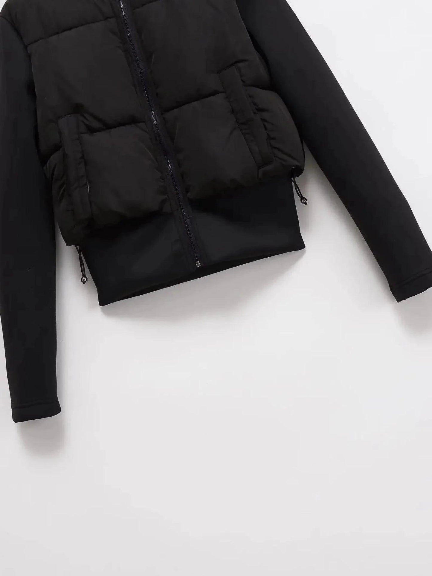 Black puffer jacket with front zipper and side pockets, women's fashion outerwear