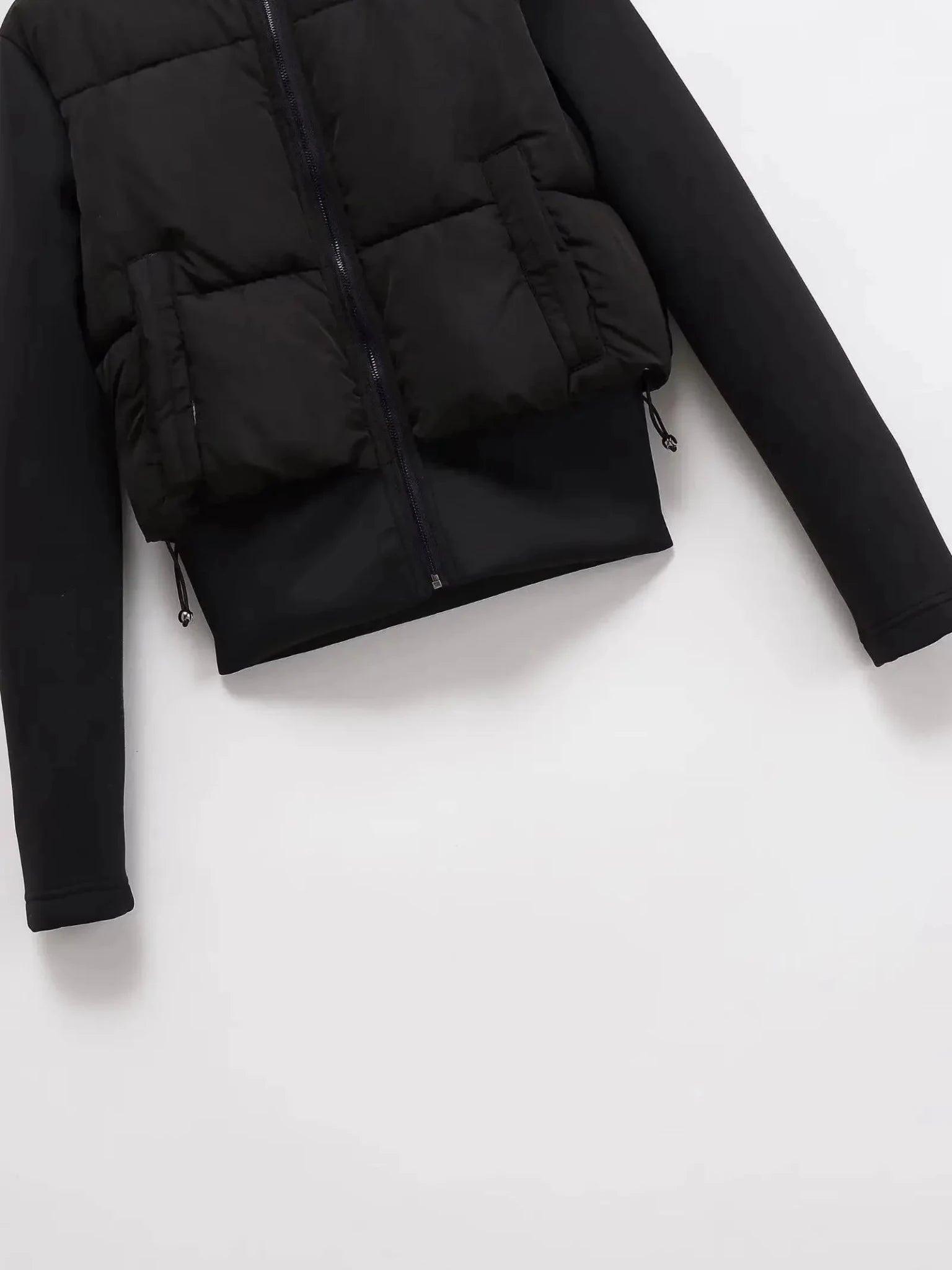 Black puffer jacket with front zipper and side pockets, women's fashion outerwear
