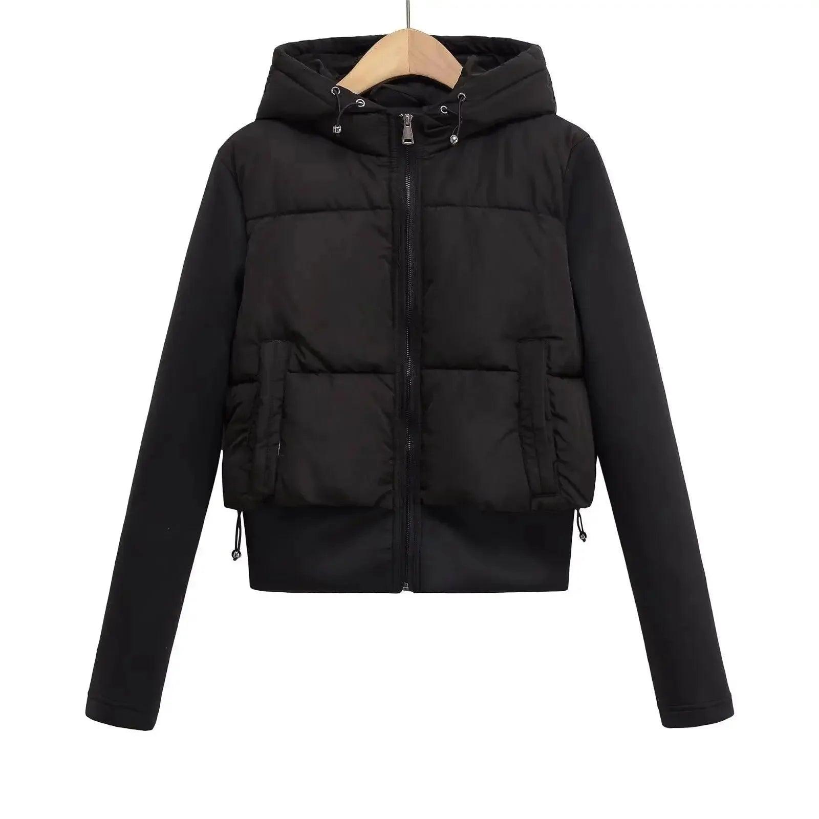 Black hooded puffer jacket with front pockets, zipped closure, and drawstring hem for women's fashion