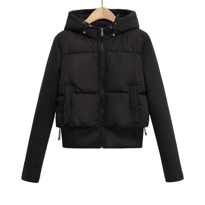 Black hooded puffer jacket with front pockets, zipped closure, and drawstring hem for women's fashion