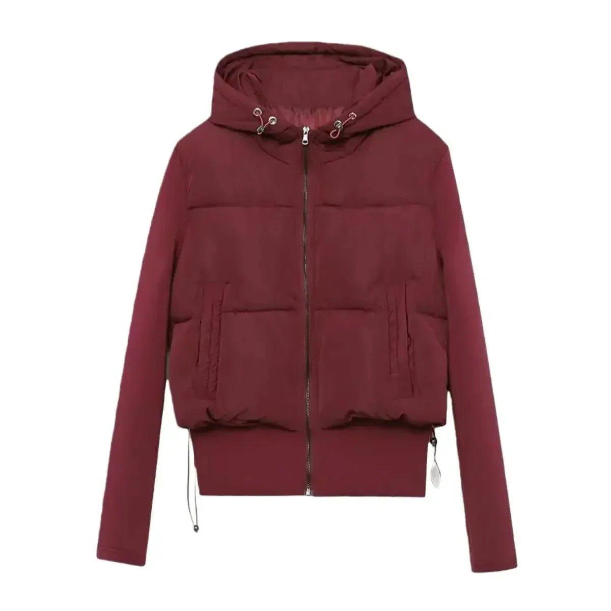 Burgundy women's hooded puffer jacket with front zipper and side pockets, stylish winter outerwear