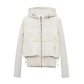 Cream puffer jacket with hood, front zipper, and side pockets for women's fashion