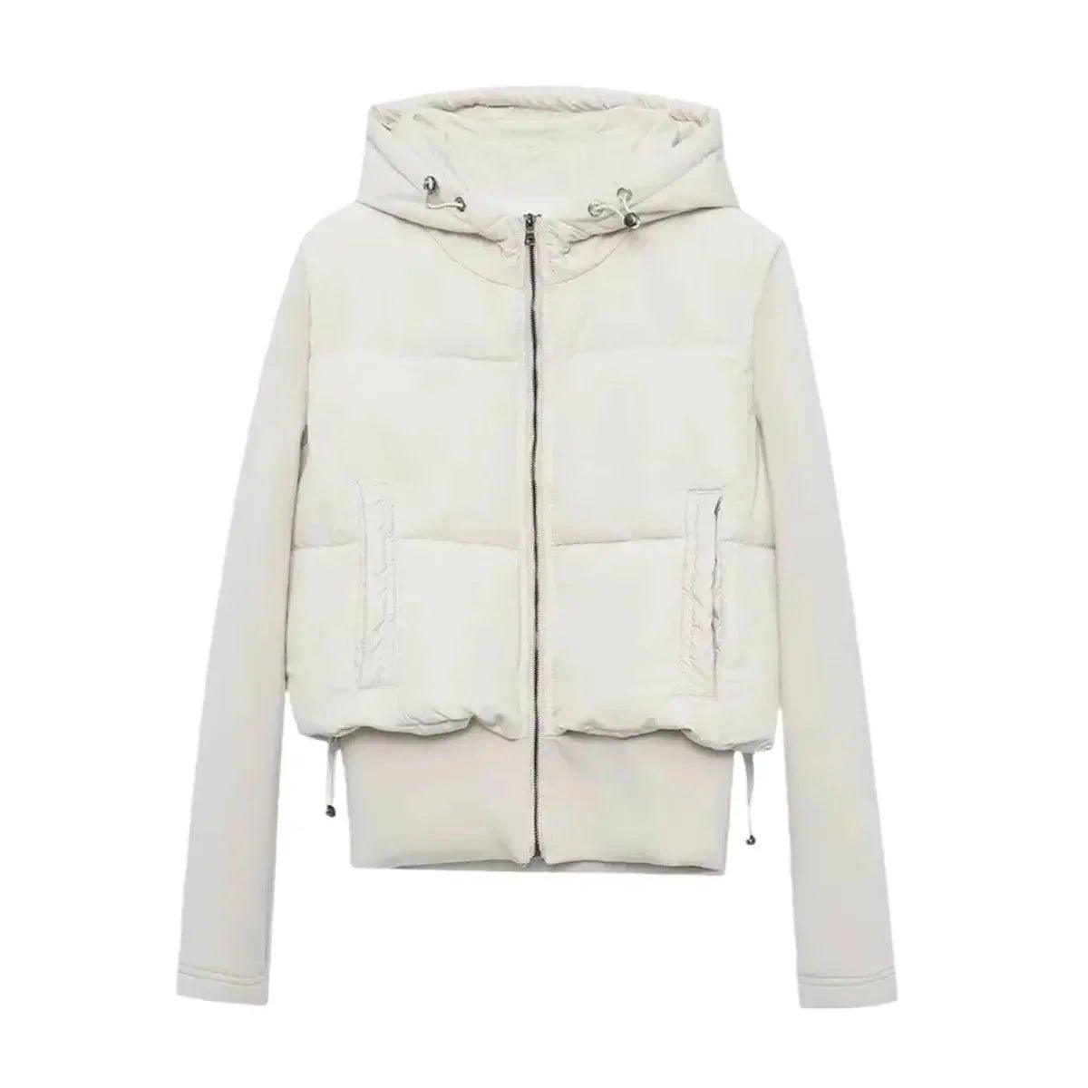 Cream puffer jacket with hood, front zipper, and side pockets for women's fashion