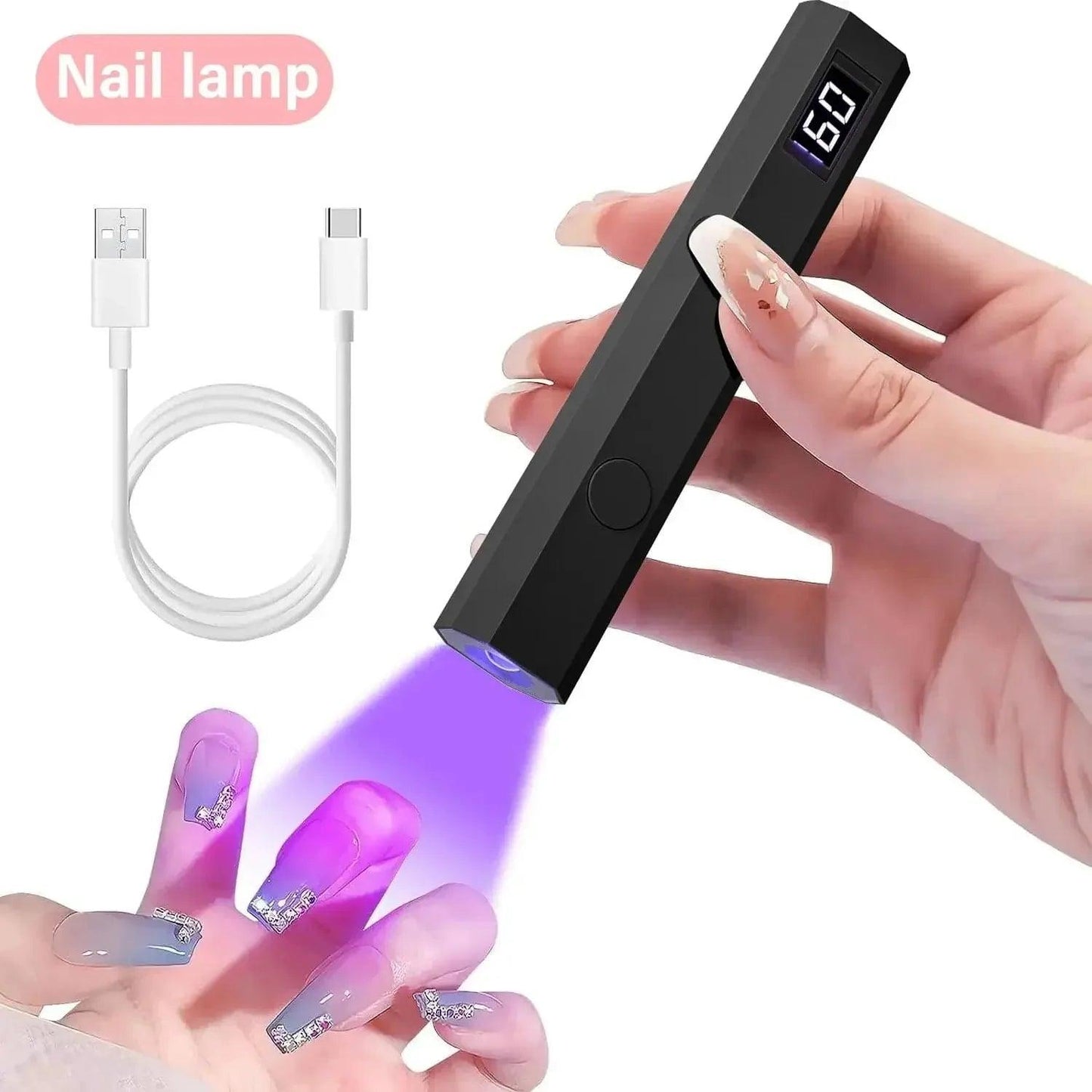 Portable UV nail lamp with digital timer curing gel nails, includes USB charging cable for at-home manicures