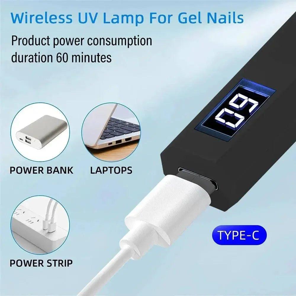 Wireless UV lamp for gel nails with Type-C charging, 60-min runtime, compatible with power bank, laptop, or power strip
