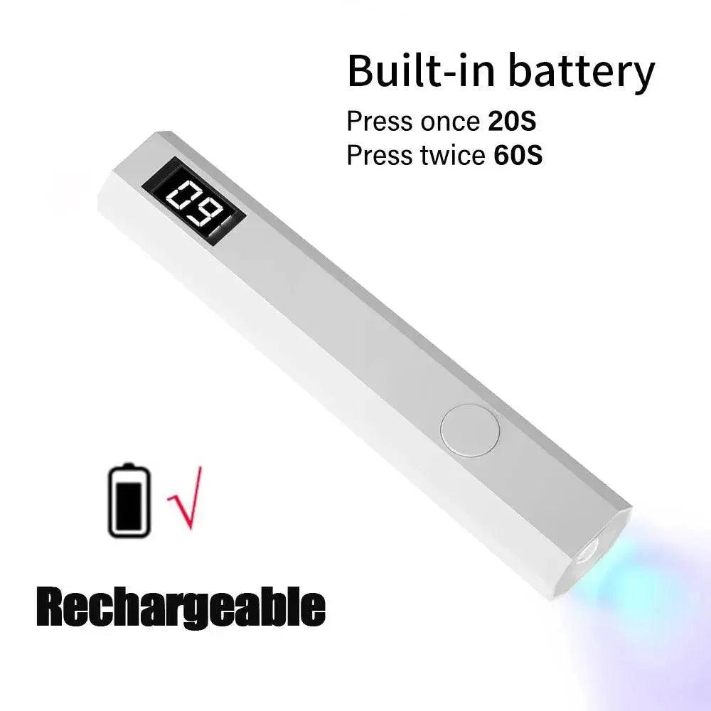 Rechargeable UV nail lamp with built-in battery, digital timer, and 20/60s modes for gel polish curing