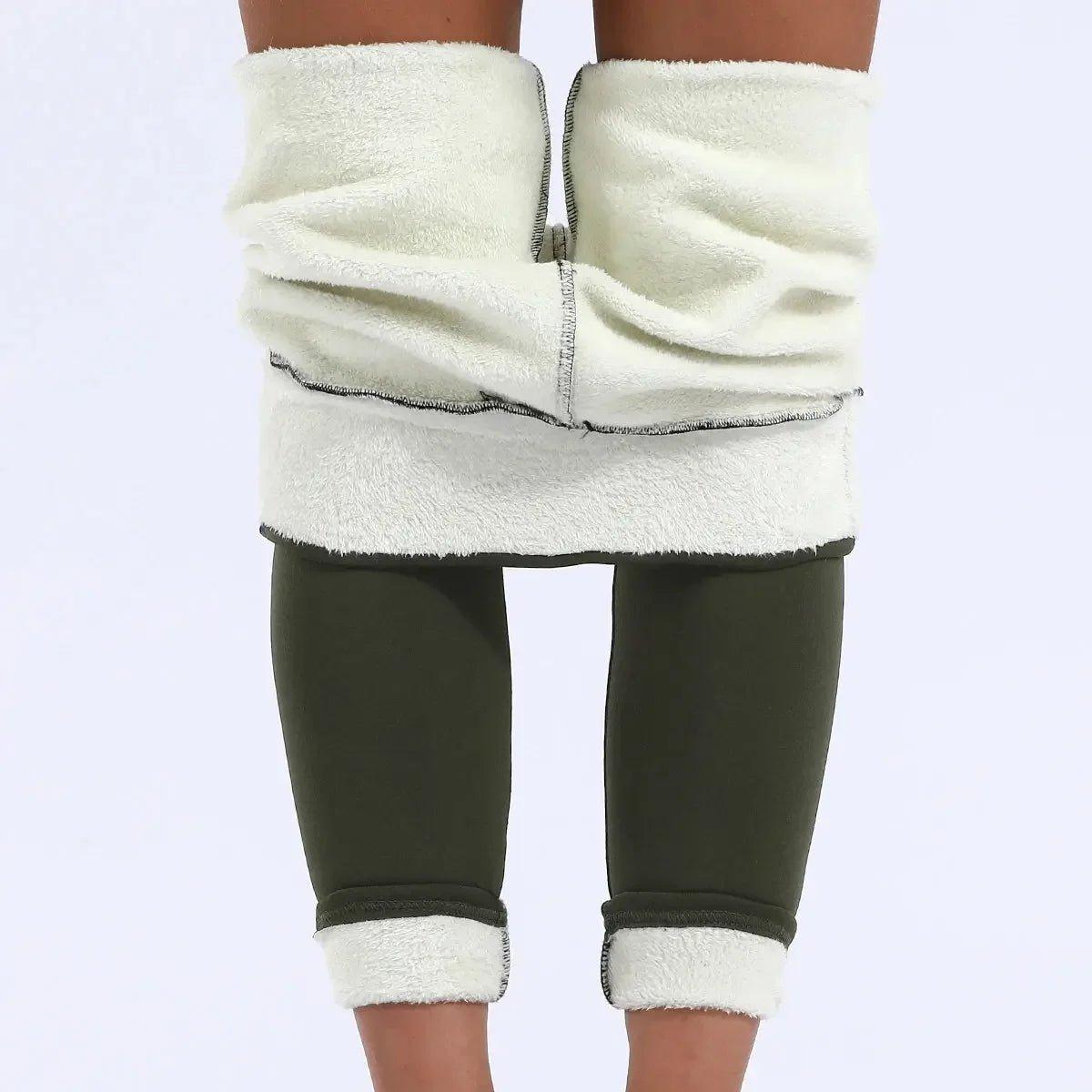 Cozy white fleece-lined olive green leggings for women, perfect for winter fashion and comfort.