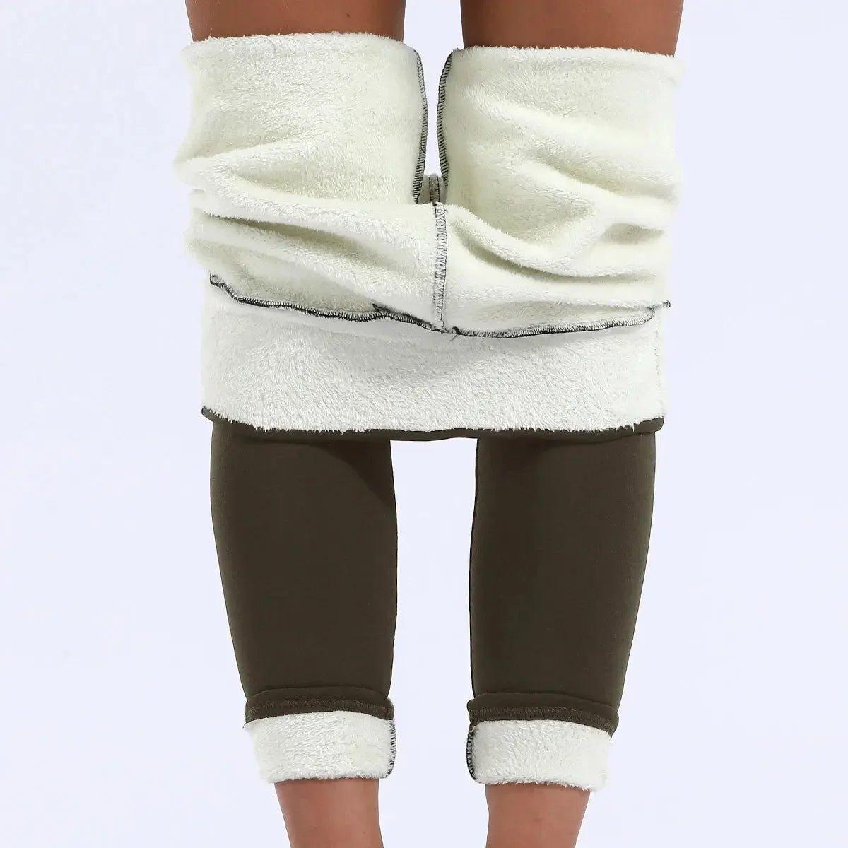Cozy white fleece-lined olive green leggings for women, perfect for winter fashion and comfort.