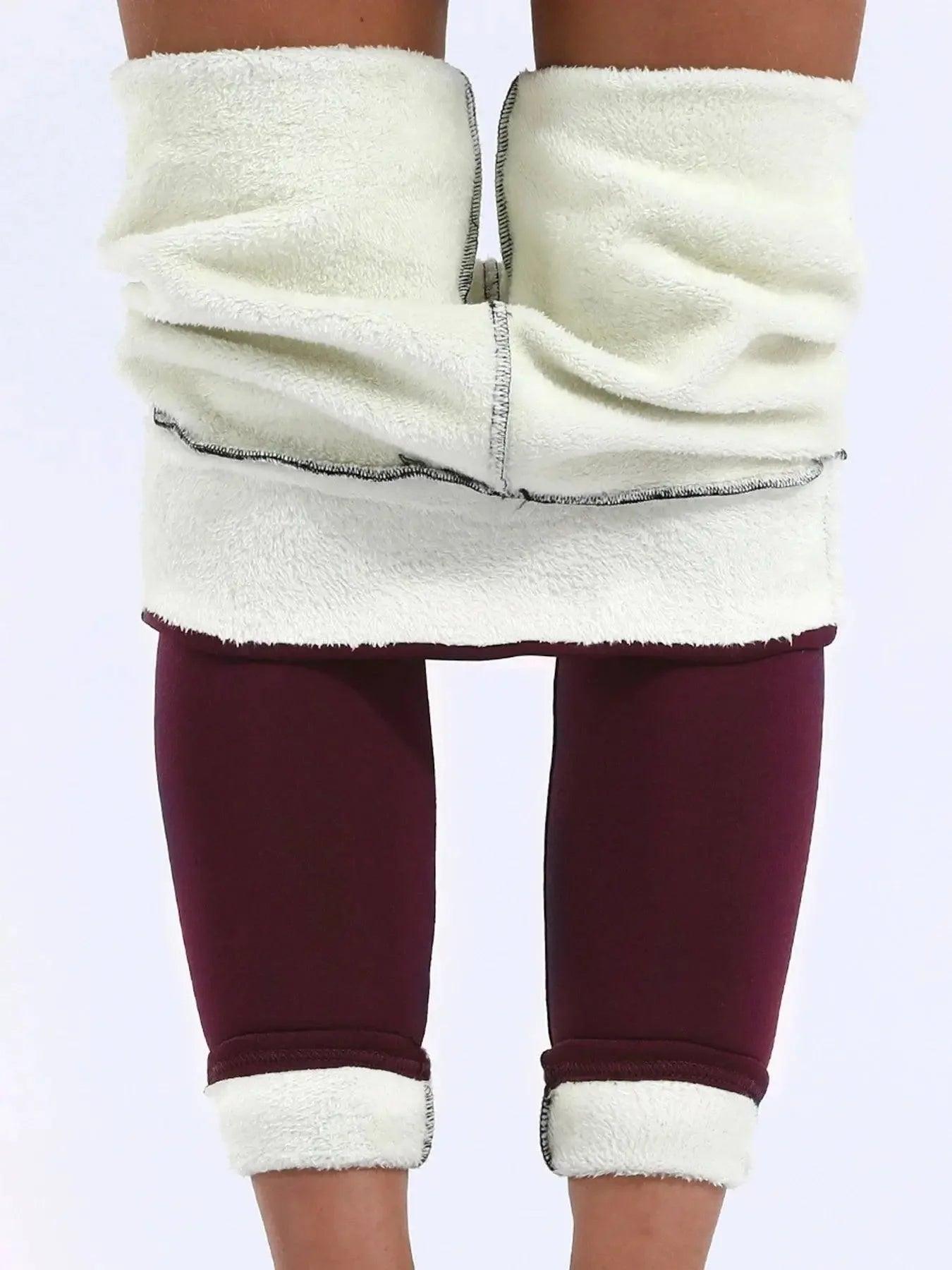 Cozy white fleece-lined burgundy leggings for women's fashion comfort
