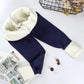 Navy blue fleece-lined joggers with cozy white sherpa interior, perfect for women's winter fashion.