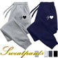 Gray and navy women's sweatpants with heart EKG design, cozy casual fashion joggers