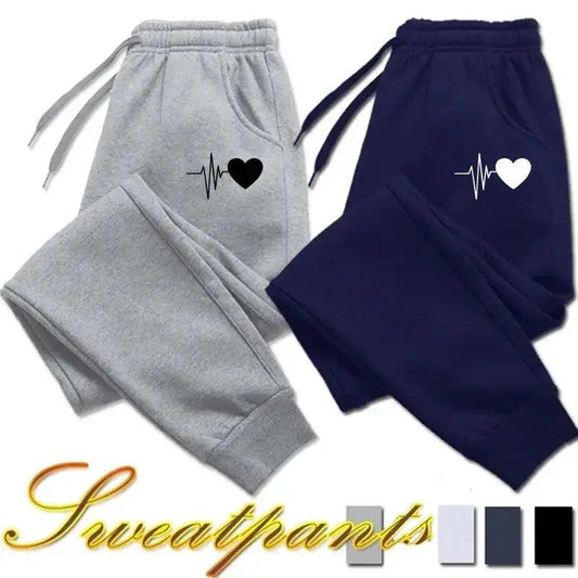 Gray and navy women's sweatpants with heart EKG design, cozy casual fashion joggers