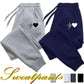 Gray and navy women's sweatpants with heartbeat heart design, cozy casual fashion