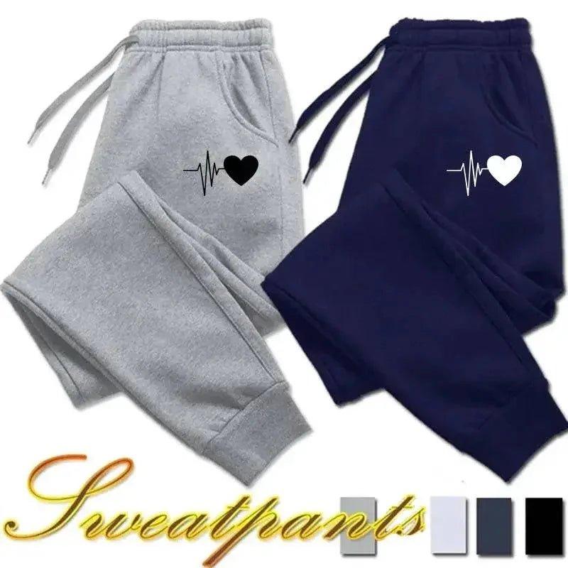 Gray and navy women's sweatpants with heartbeat heart design, cozy casual fashion