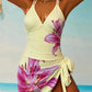 Women's floral print swimsuit with side tie, beach fashion, pink lily design, summer swimwear
