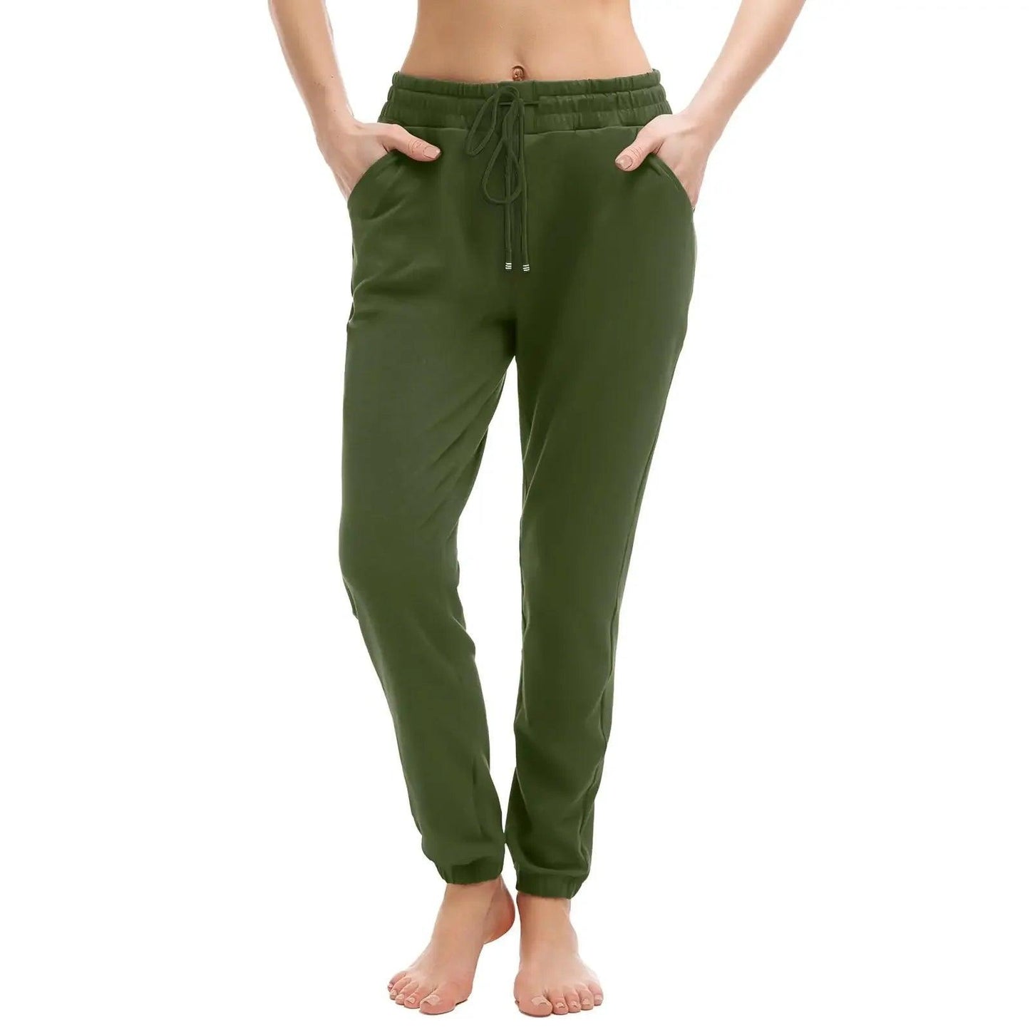 Olive green women's jogger pants with drawstring waist and side pockets, casual fashion