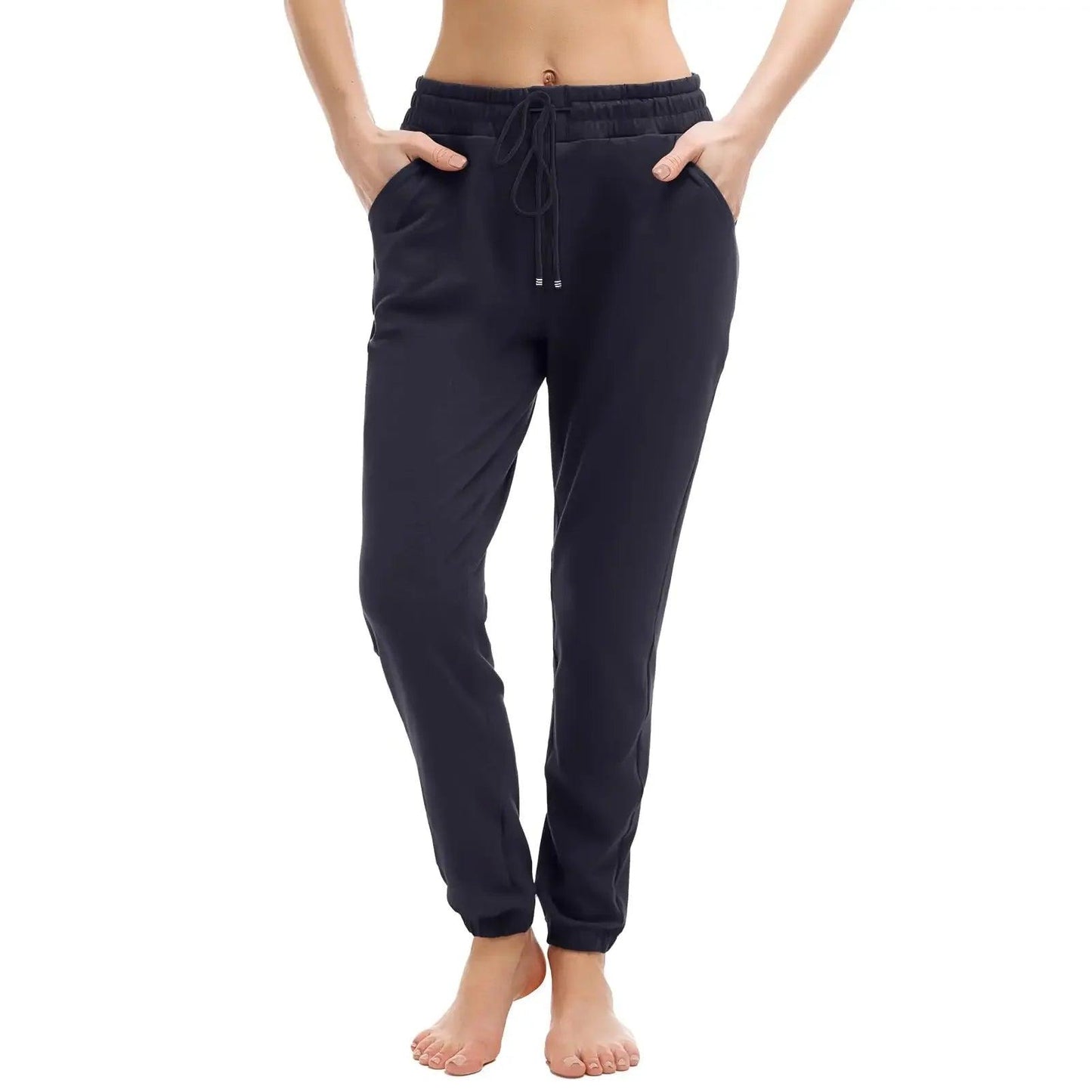 Women's black jogger pants with drawstring waist and side pockets, casual fashion wear