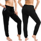 Black women's jogger pants with pockets, drawstring waist, and cuffed ankles for casual or workout wear
