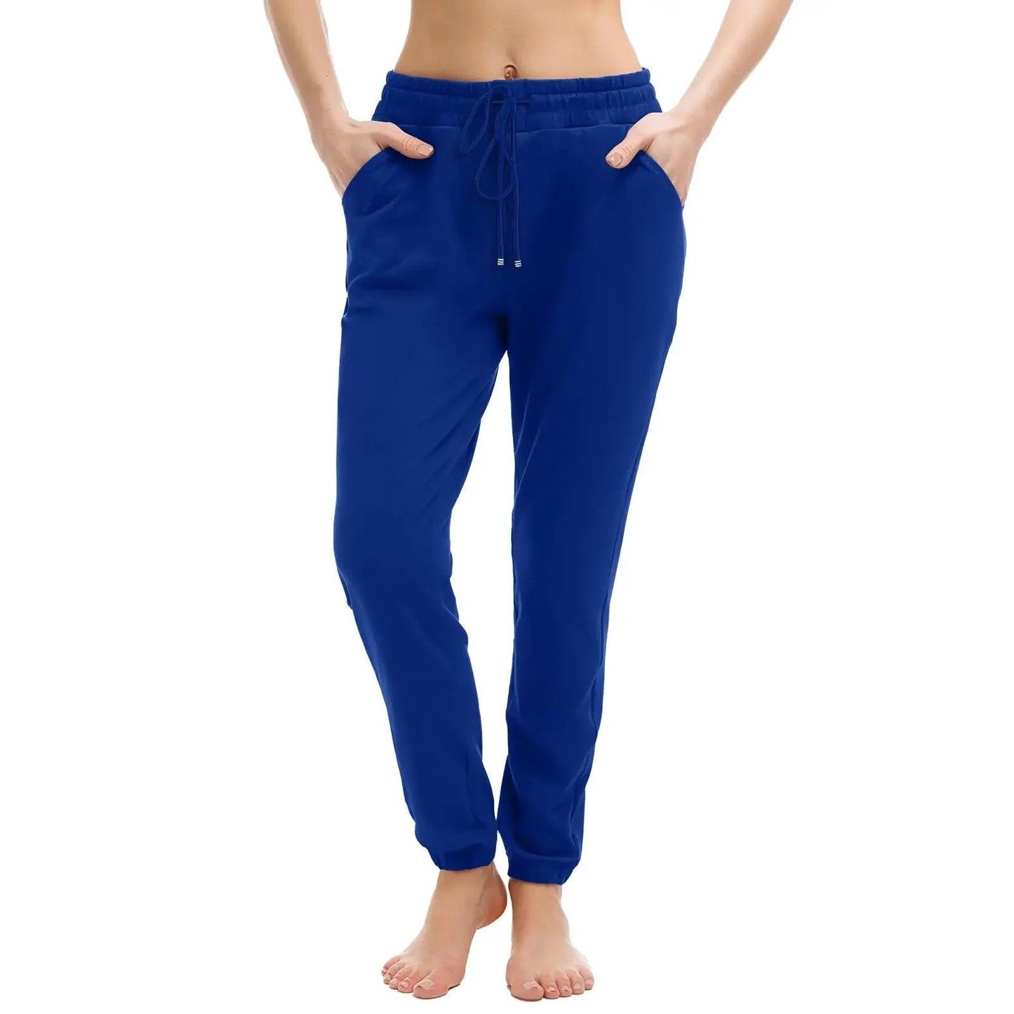 Royal blue women's jogger pants with drawstring waist and side pockets, casual fashion wear