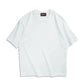 White oversized women's fashion t-shirt with brand tag, minimalist casual top for everyday wear