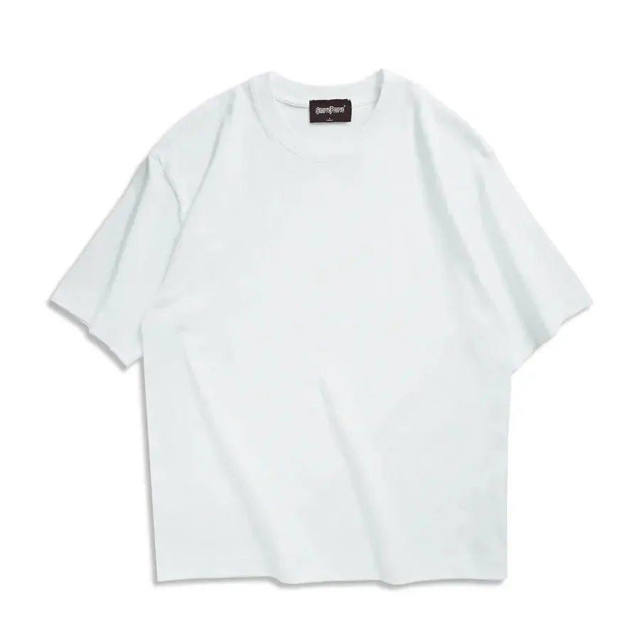 White oversized women's fashion t-shirt with brand tag, minimalist casual top for everyday wear