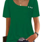 Green women's fashion top with puff sleeves, square neckline, and decorative buttons