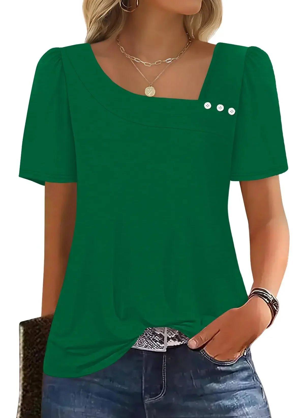 Green women's fashion top with puff sleeves, square neckline, and decorative buttons