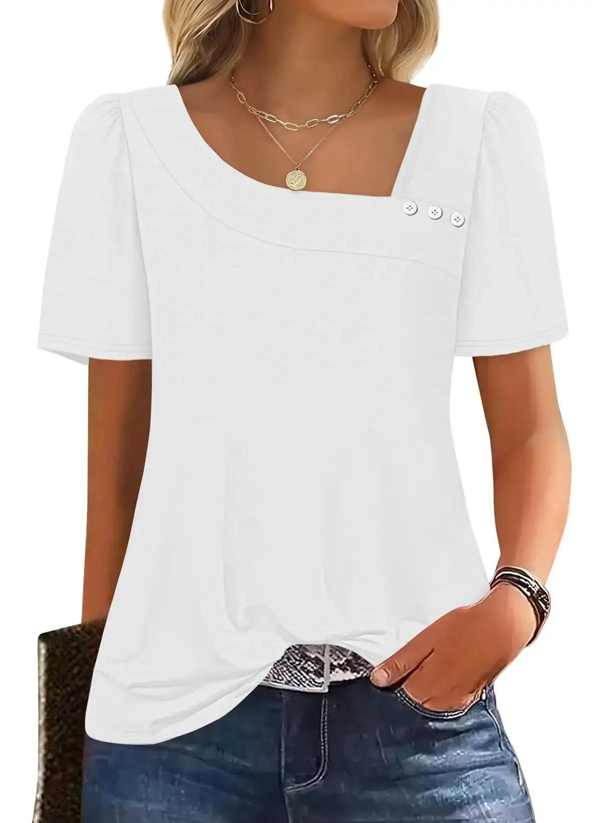 White women's fashion top with puff sleeves, square neckline, and decorative buttons, paired with jeans