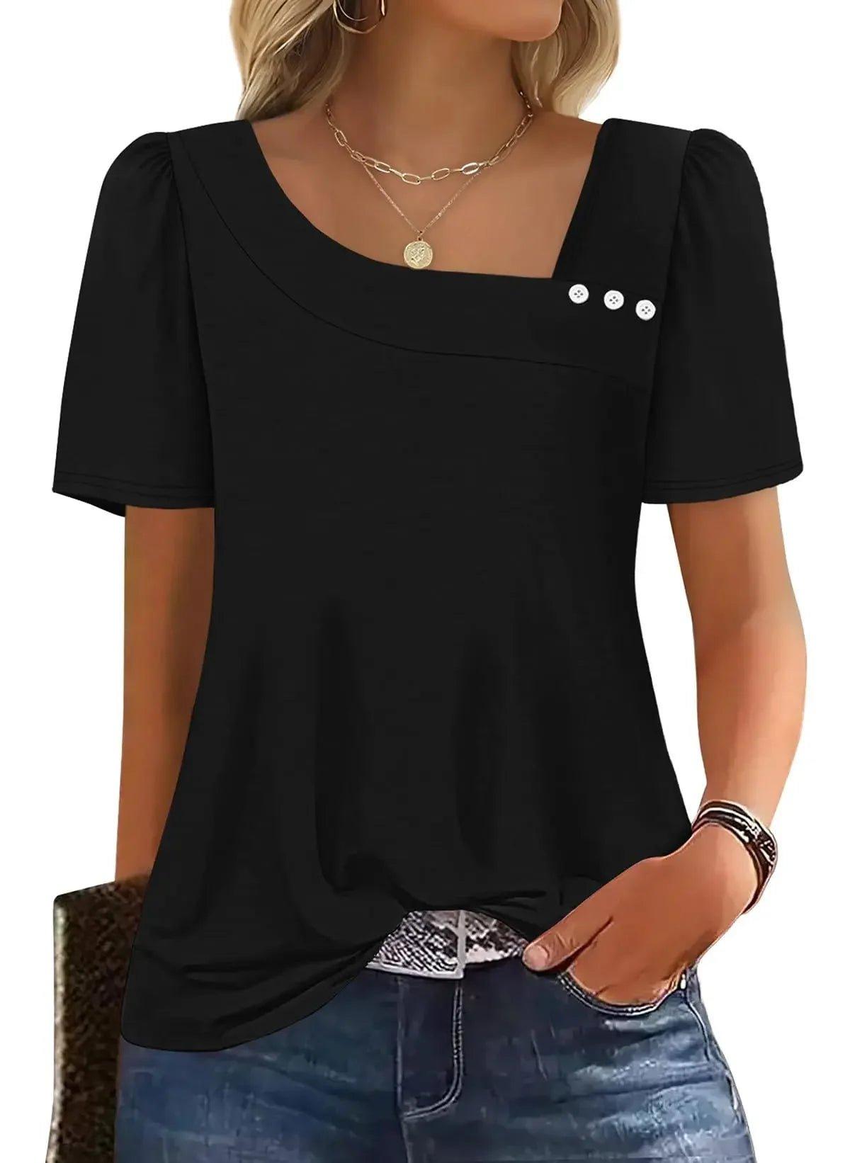Black women's fashion top with puff sleeves, square neckline, and decorative buttons, styled with jeans