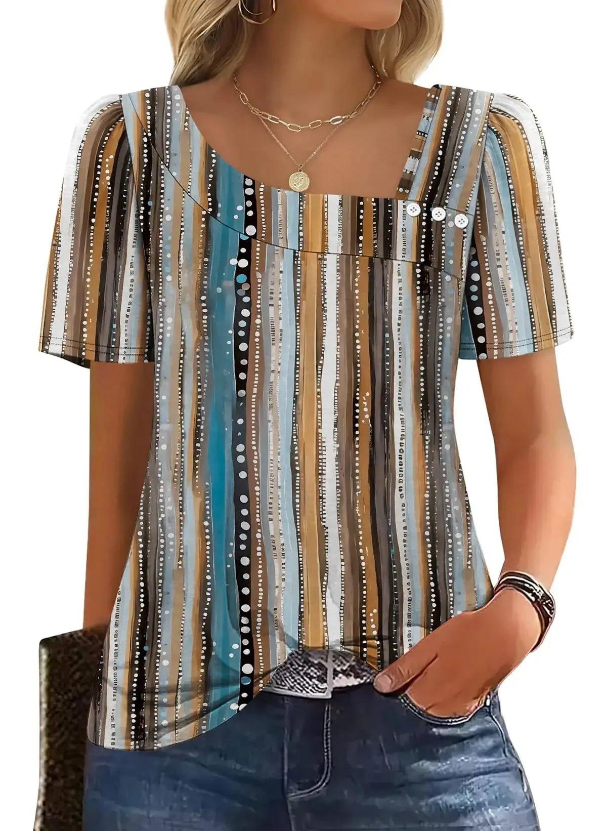 Women's striped short sleeve top with button detail, casual fashion blouse