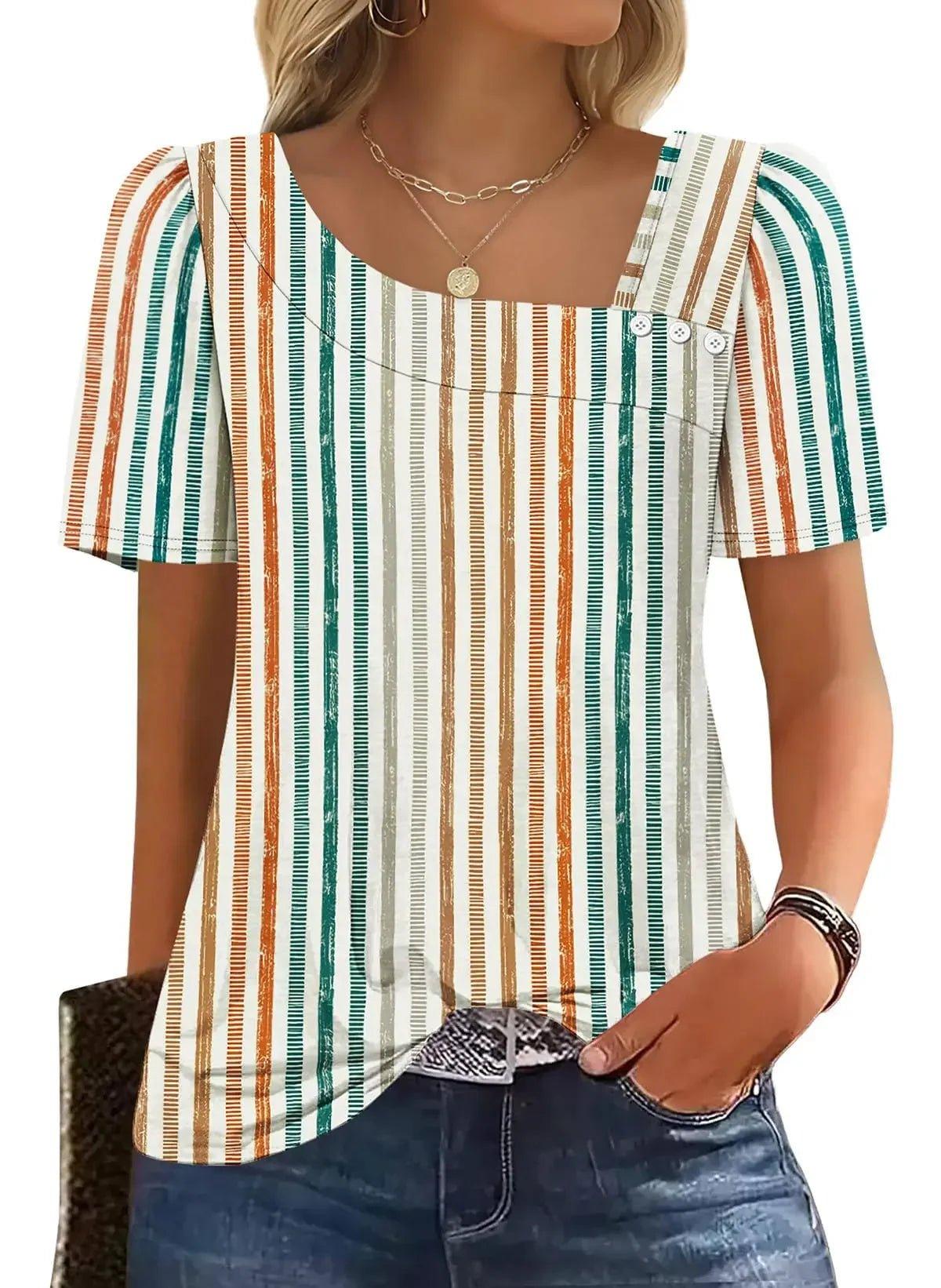 Women's striped short sleeve top with square neckline and button detail, paired with jeans
