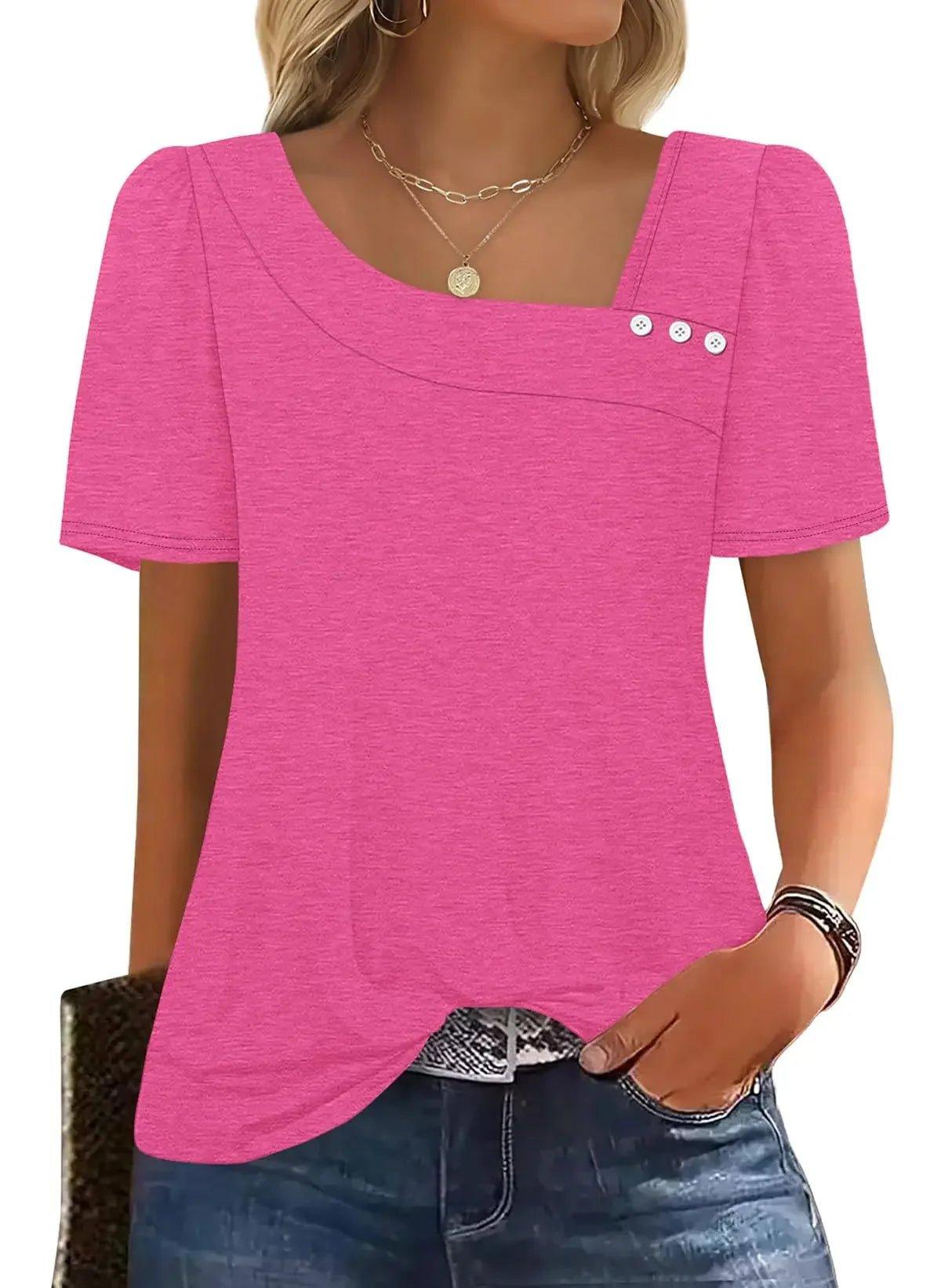 Pink women's fashion top with button detail, square neckline, and short sleeves