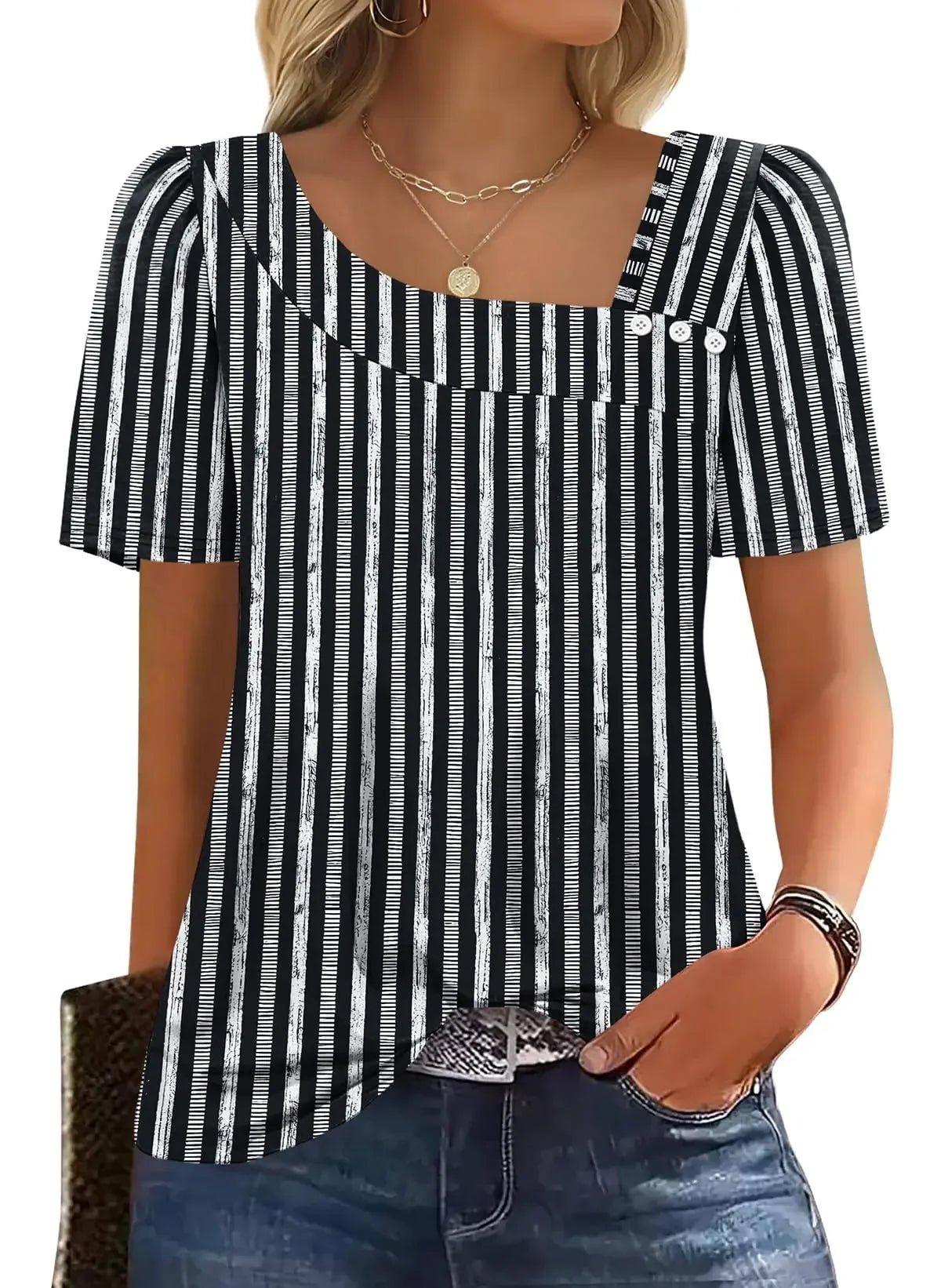 Black and white striped women's fashion top with puff sleeves and square neckline