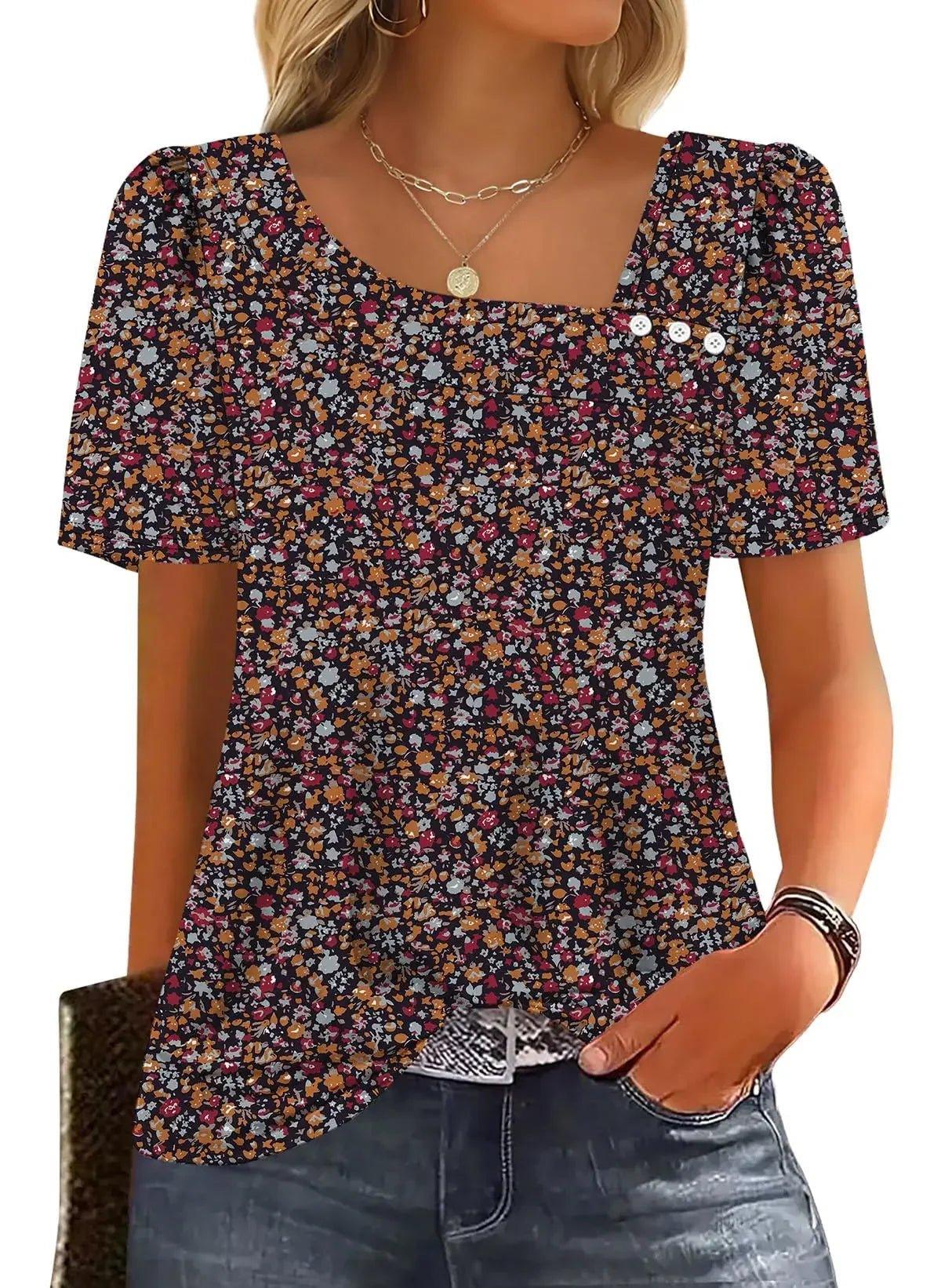 Floral print women's blouse with puff sleeves and square neckline, paired with jeans for casual fashion