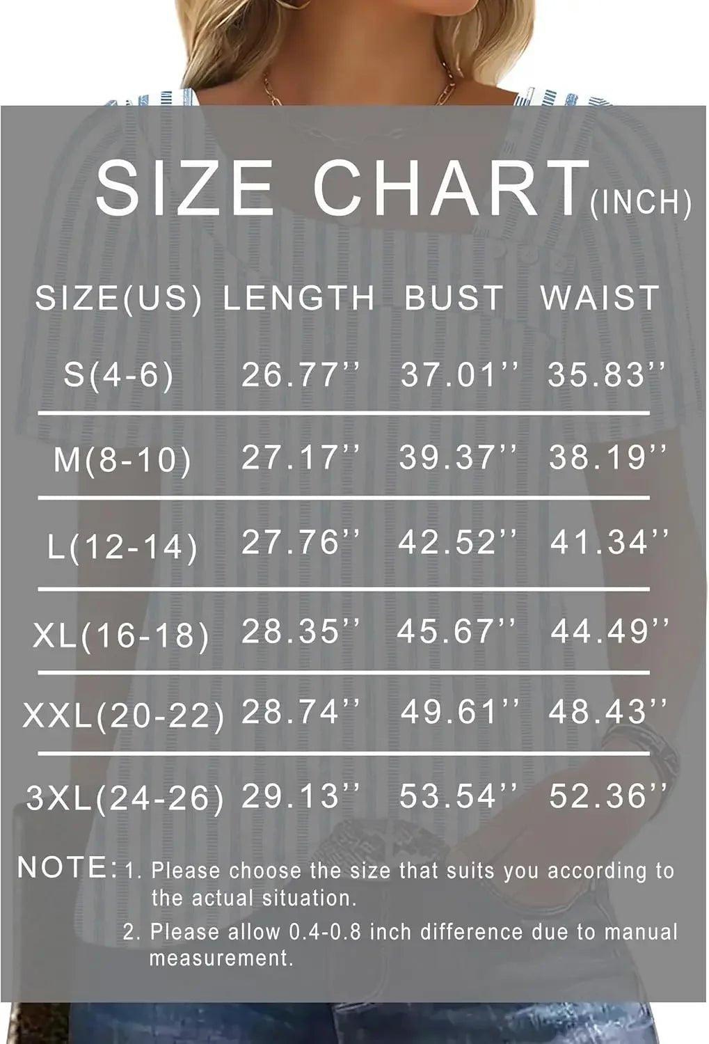 Women's fashion size chart in inches for tops, showing US sizes S to 3XL with length, bust, waist measurements