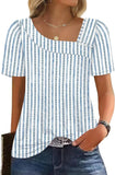 Blue and white striped women's blouse with puff sleeves and square neckline, paired with jeans
