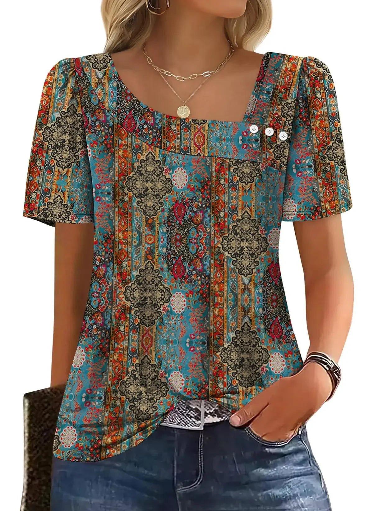 Boho print women's top with puff sleeves, square neckline, and button detail, paired with jeans