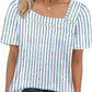 Blue and white striped women's top with square neckline and puff sleeves, paired with jeans