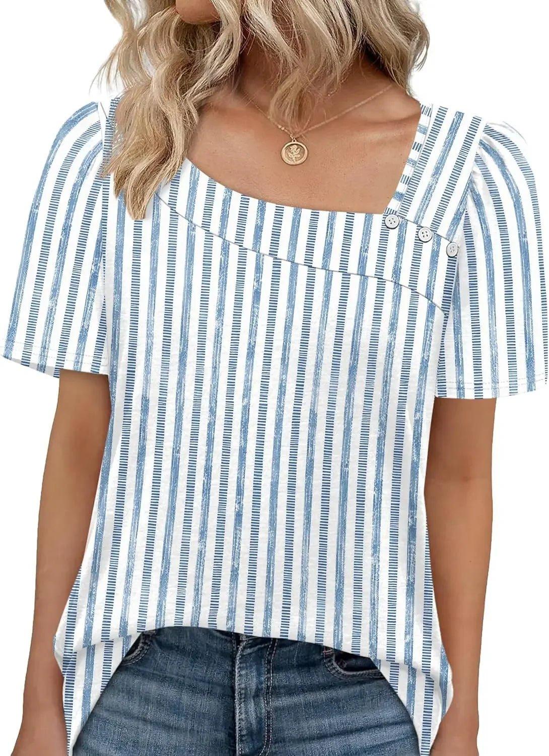 Blue and white striped women's top with square neckline and puff sleeves, paired with jeans