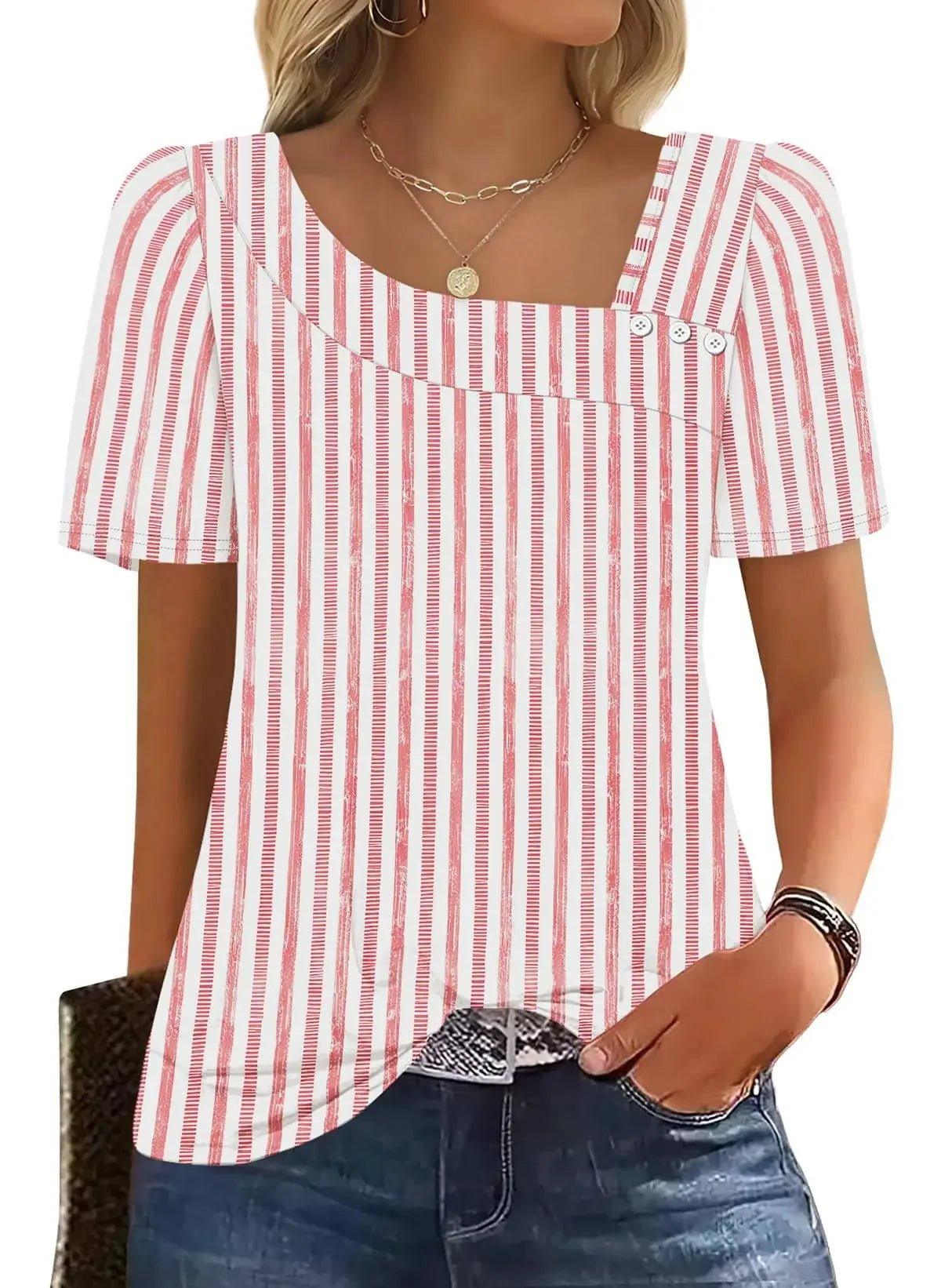 Red and white striped women's fashion top with puff sleeves and button detail
