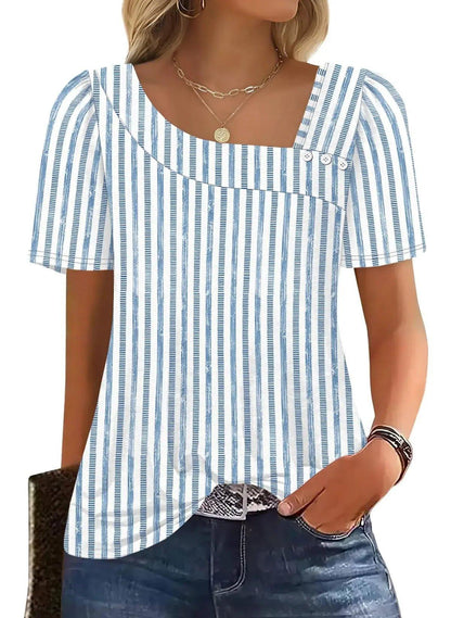 Blue and white striped women's top with puff sleeves and square neckline, paired with denim jeans