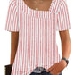 Red and white striped women's fashion top with puff sleeves and square neckline