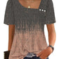 Women's patterned short sleeve top with puff sleeves, square neckline, and decorative buttons