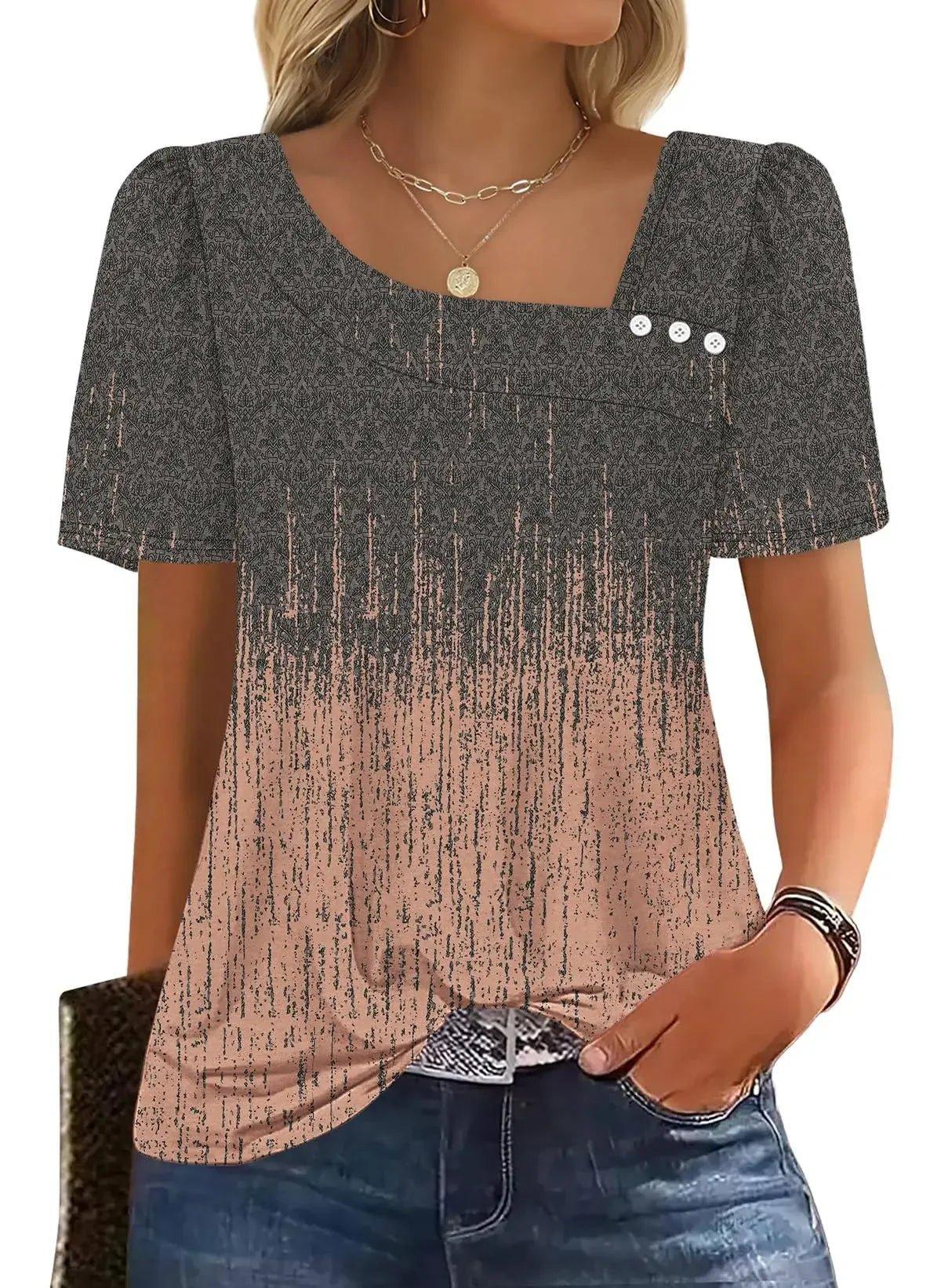 Women's patterned short sleeve top with puff sleeves, square neckline, and decorative buttons