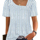 Blue and white striped women's blouse with puff sleeves and square neckline, paired with jeans
