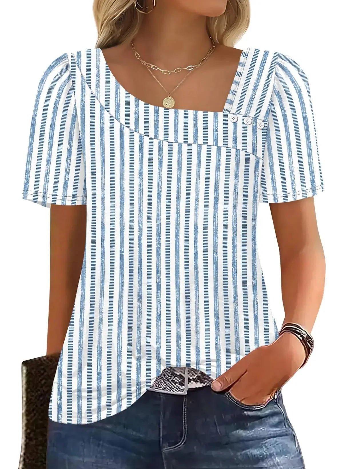 Blue and white striped women's top with puff sleeves and square neckline, paired with denim jeans