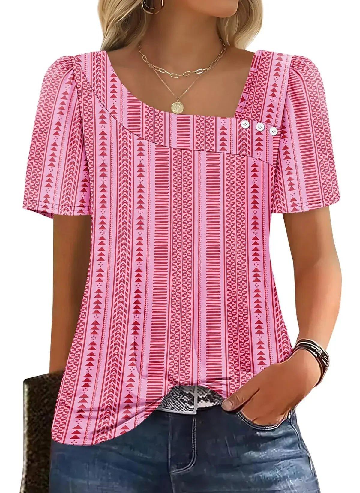 Pink geometric print women's blouse with puff sleeves and square neckline, paired with jeans