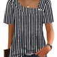 Woman wearing black and white striped short sleeve top with square neckline and buttons, paired with jeans