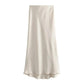 Cream satin midi skirt with flowing drape, elegant women's fashion