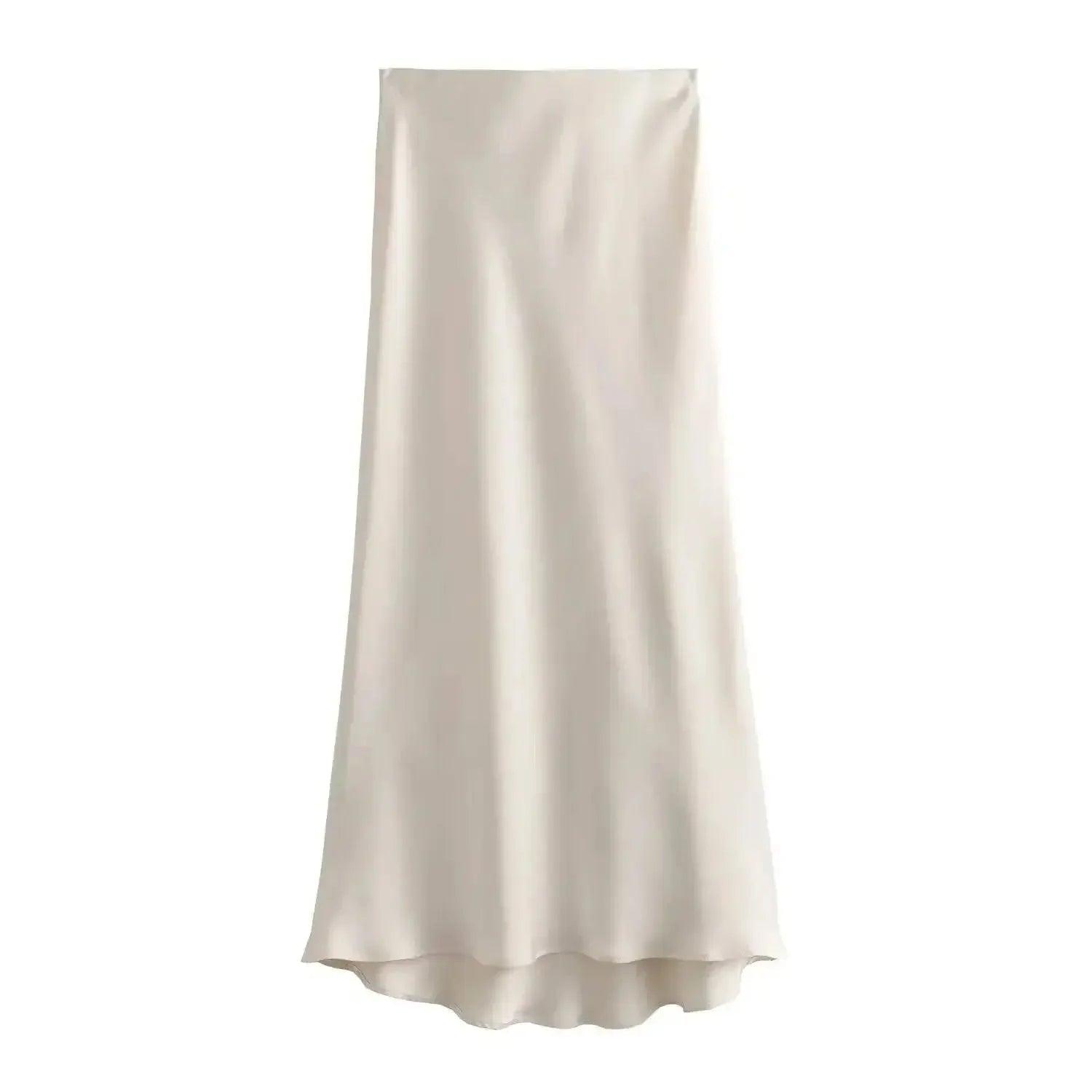 Cream satin midi skirt with flowing drape, elegant women's fashion